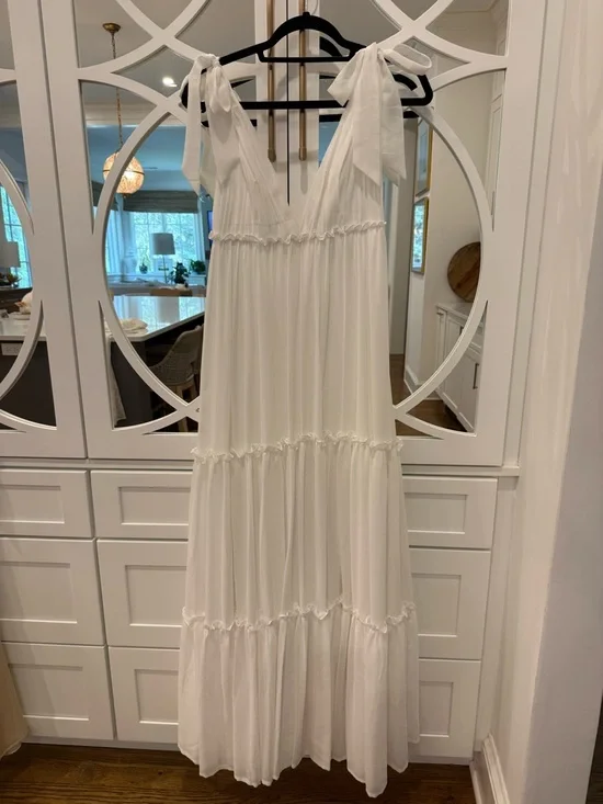 Leena for Mac Duggal White V-Neck Tie-Shoulder Maxi Gown Size 0 - Picture 4 of 7